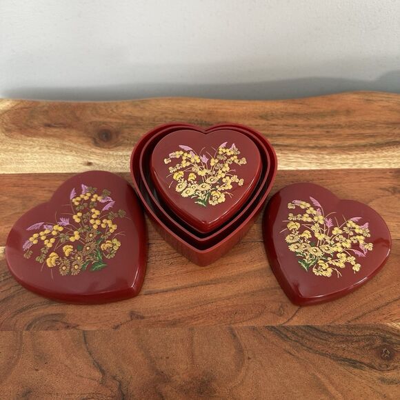 Vtg Set of 3 Heart Nesting Boxes Melamine Red Floral Lided Trinket Keepsake Dish - Picture 3 of 14